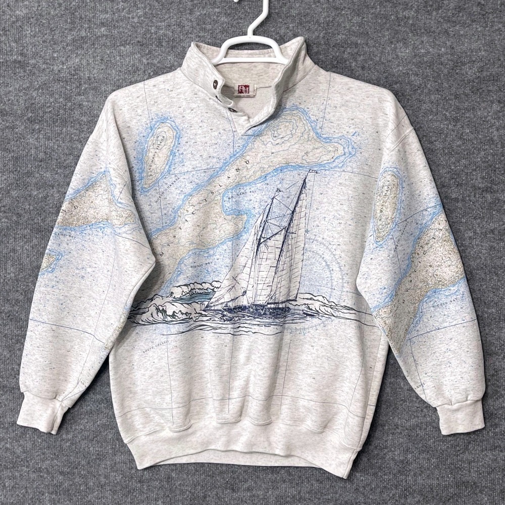 Art Unlimited Sportswear Vintage Nautical Map Sailboat Sweatshirt Gray Large USA